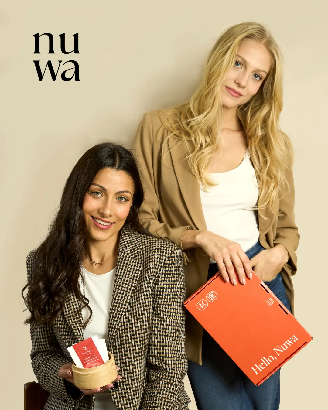 Nuwa’s productivity supplement daily packs are packed into a bold orange letter-box-friendly packaging.